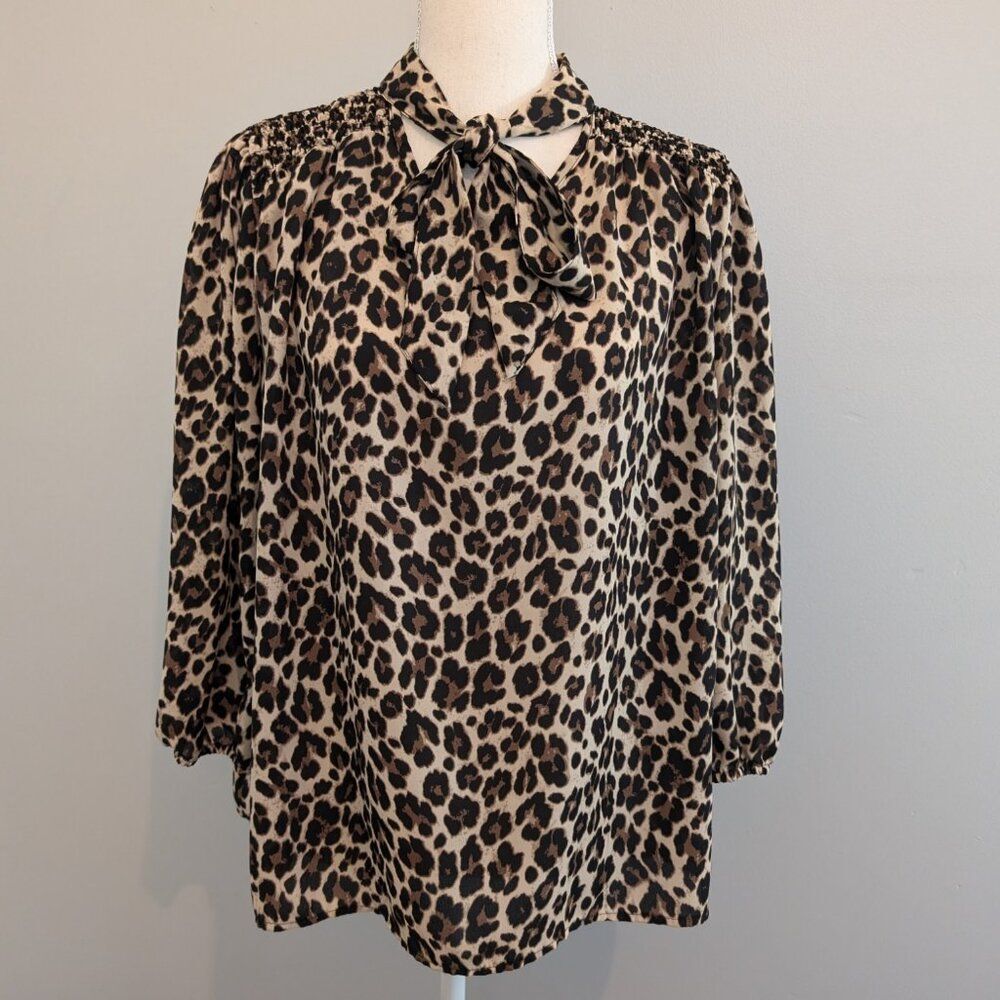 A Love Story Leopard Print Tie-Neck Blouse | Women’s L | Long Sleeve